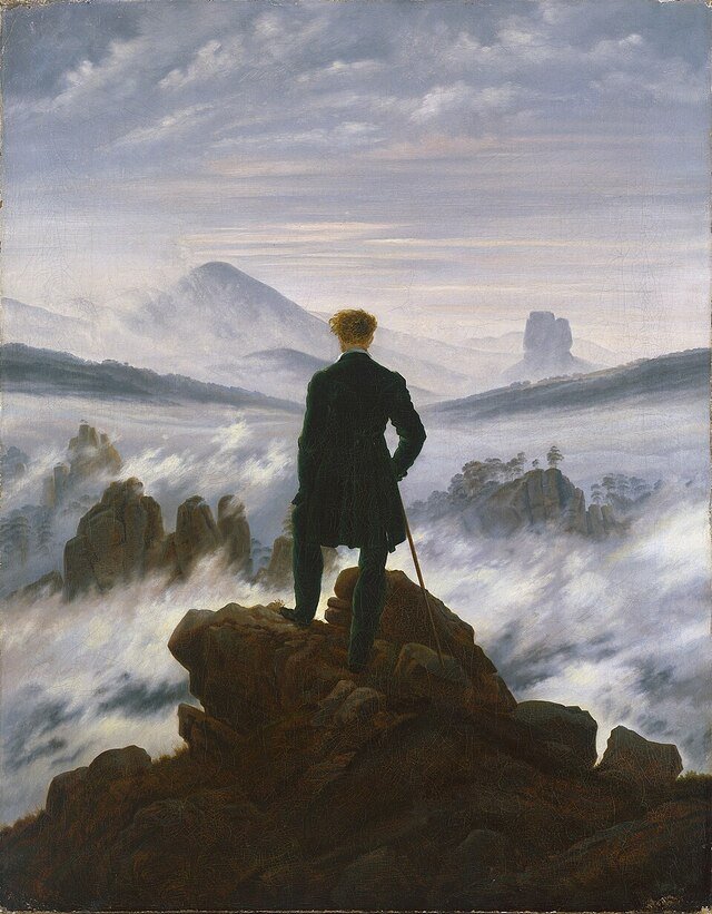 a Romantic oil painting of a solitary wanderer in the quest to transcend