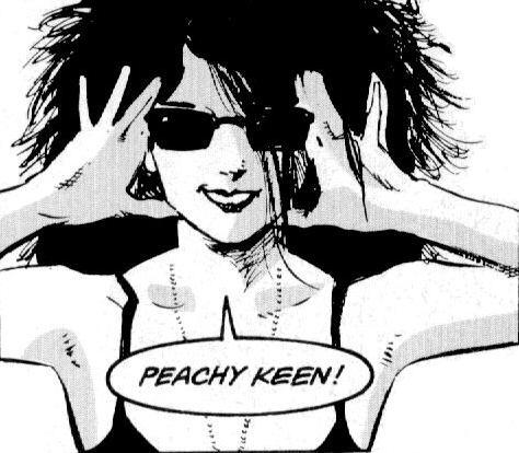 a B&W drawing from a comic book of a slim Goth woman trying a bit of 80s slang