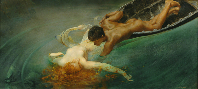 a painting of a nude man leaning out of a boat to embrace a nude woman luring him to his death