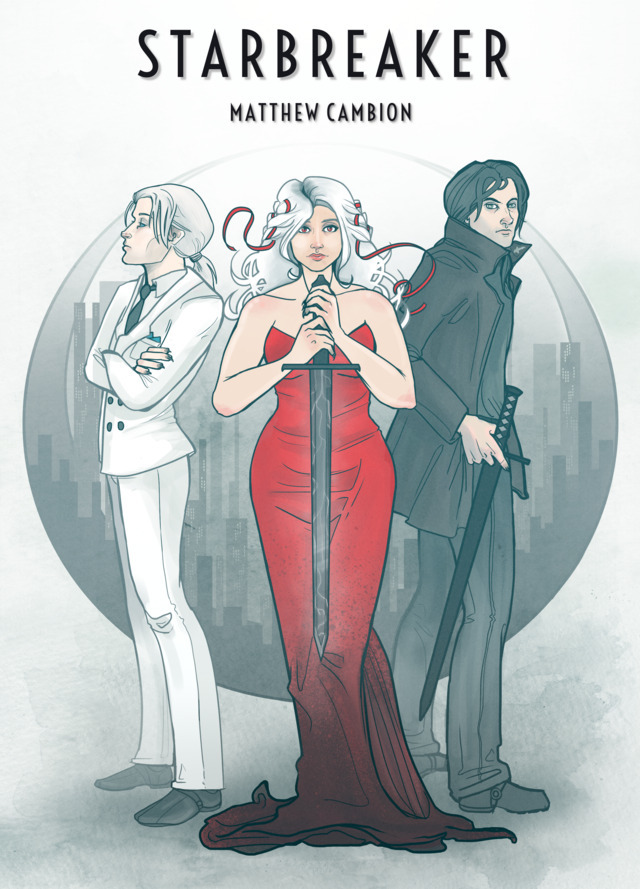art nouveau style poster depicting a woman in red bearing a dark sword flanked by two men